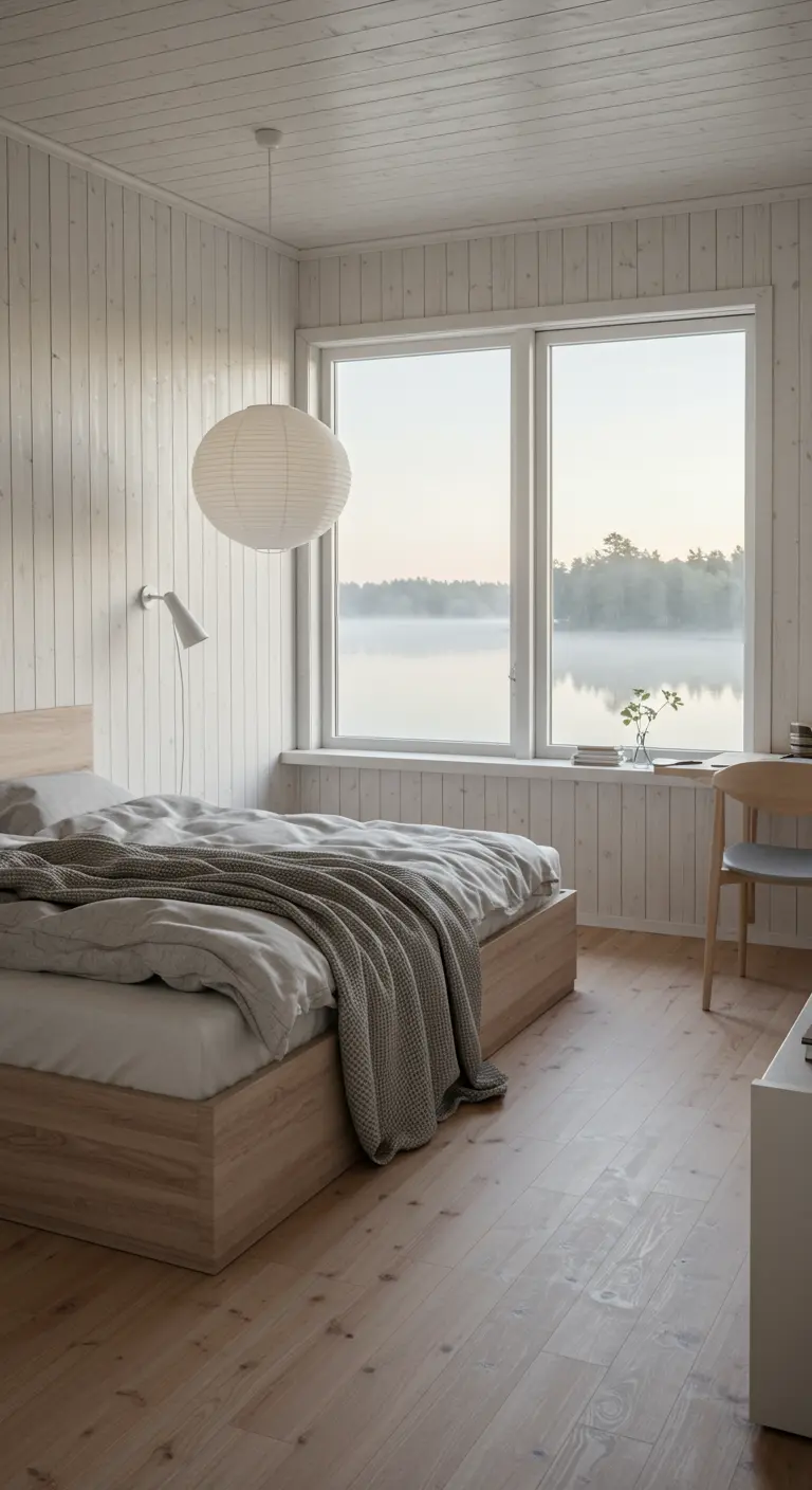Lichte Scandinavische slaapkamer met uitzicht op een mistig meer.