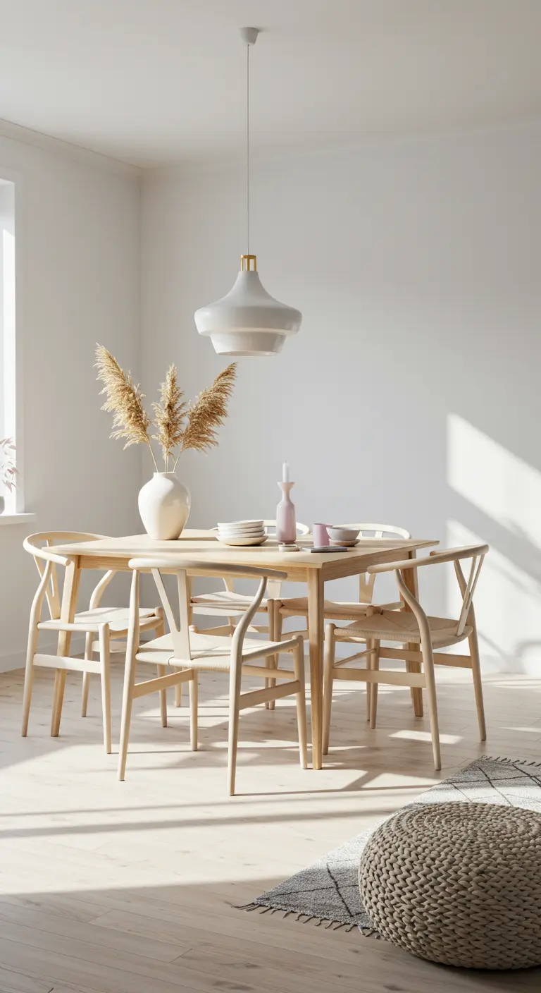 Scandinavische eethoek met lichte houten meubels, witte muren en pampasgras.