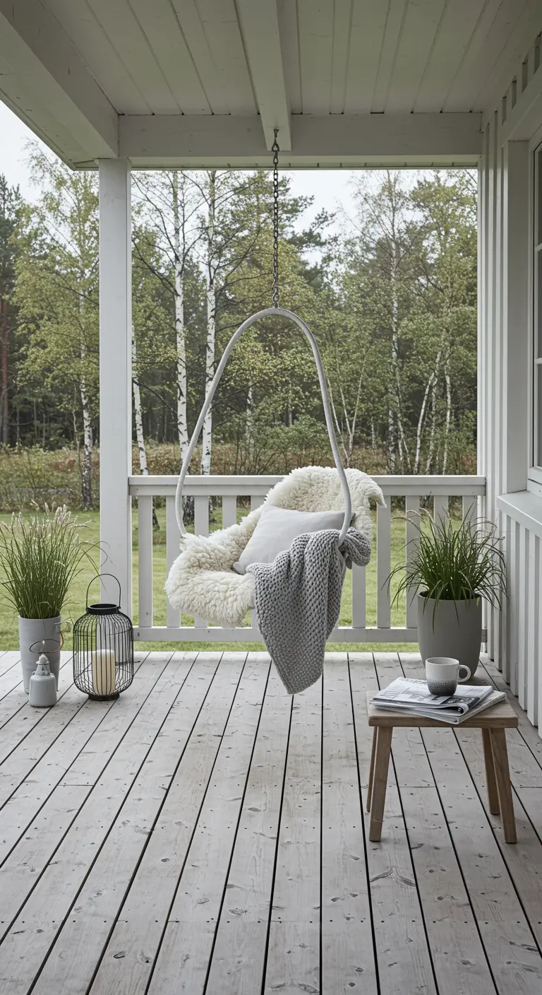 Witte metalen hangstoel met schapenvachtje en grijs plaid op een lichte houten veranda.