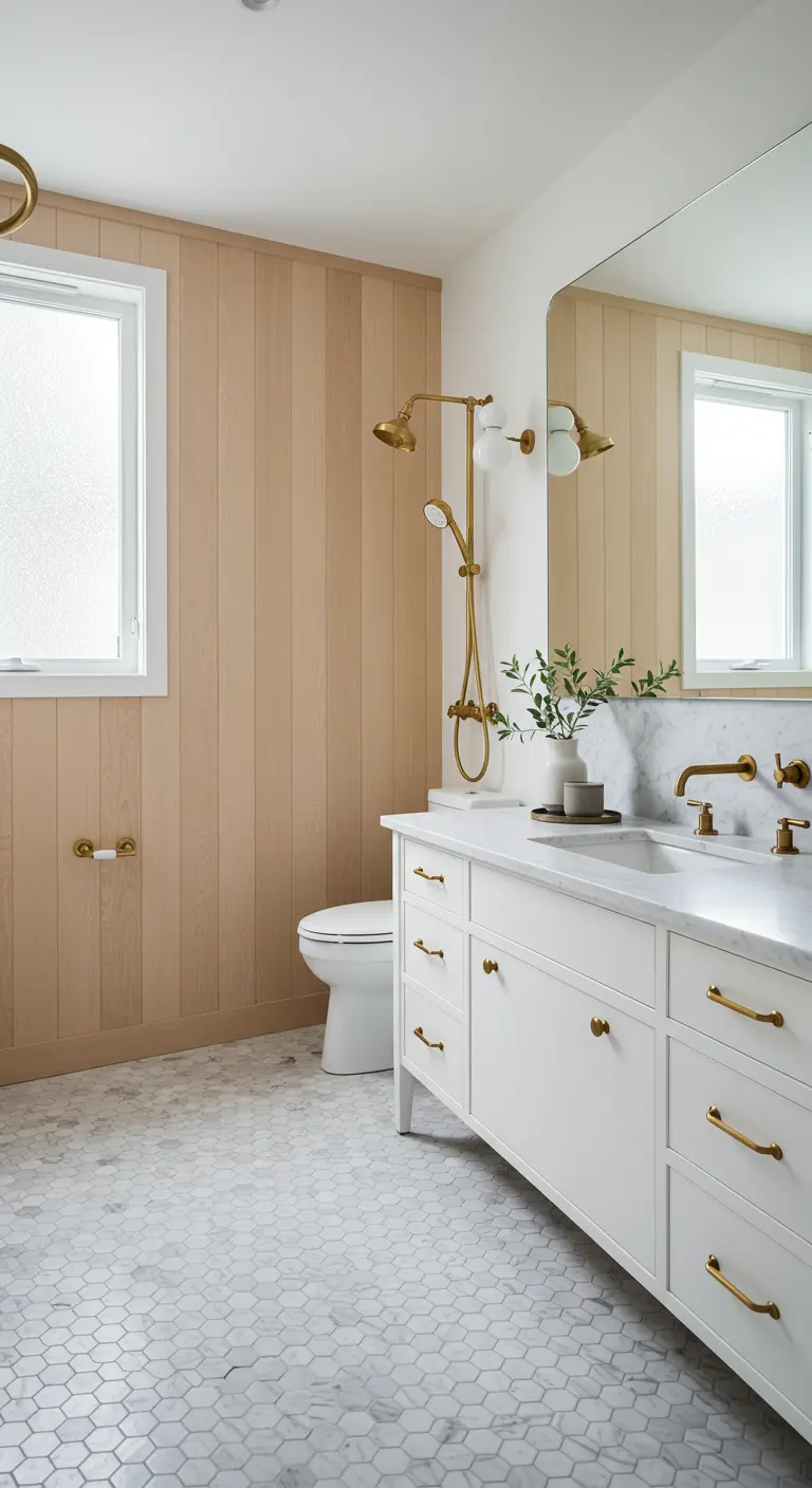 Lichte badkamer met houten lambrisering, wit meubel met messing grepen en marmeren hexagon vloer.