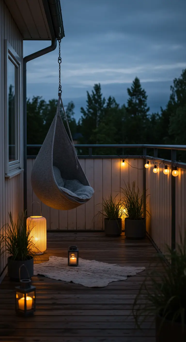 Grijze vilten hangstoel op houten balkon met lantaarns en lichtslinger, Scandinavische stijl.