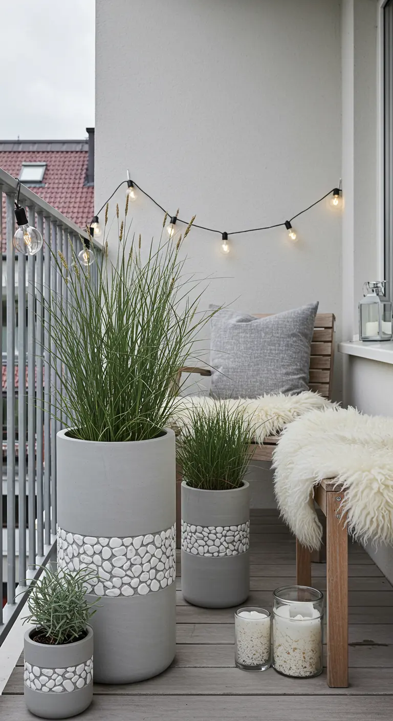 Grijze bloempotten met een band van witte kiezelmozaïek en grassen op een Scandinavisch balkon.