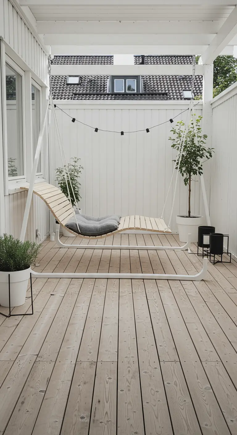 Witte metalen en houten minimalistische dubbele hangstoel op een lichte veranda.