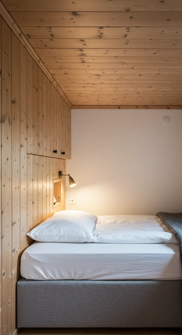 Scandinavische slaapkamer met lichte houten panelen en een nisje naast het bed.