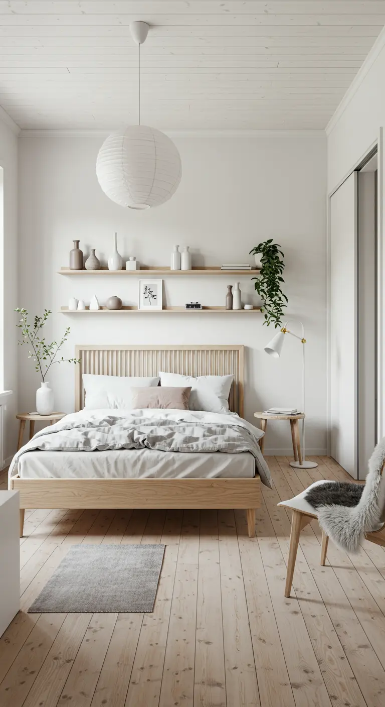 Lichte Scandinavische slaapkamer met houten bed, vloer, planken en witte muren.