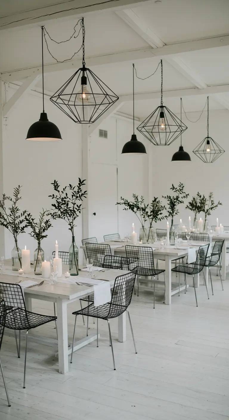 Scandinavische zwart-wit tafelsetting met draadstoelen, groene takken en witte kaarsen.