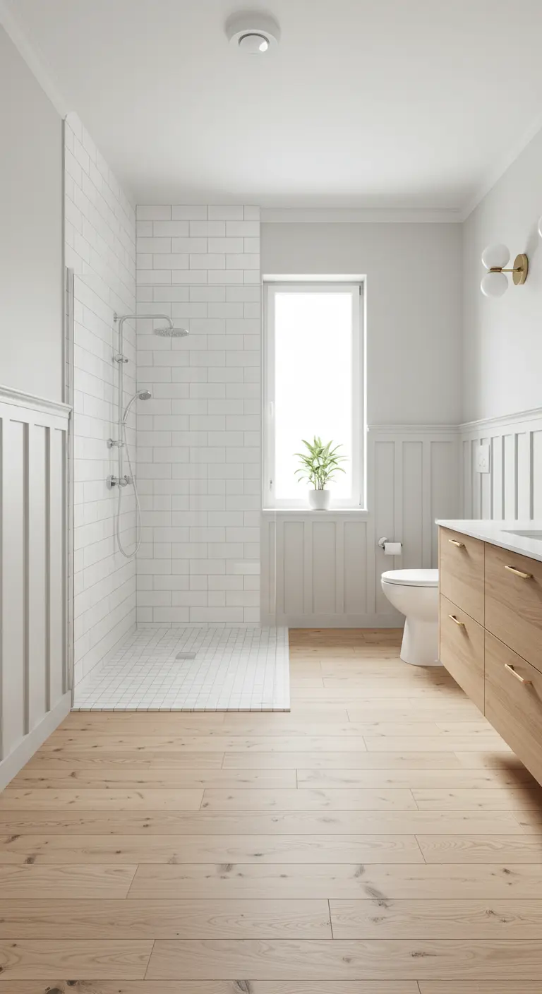 Lichte badkamer met houtlook vloer, witte tegels in douchehoek en houten lambrisering.