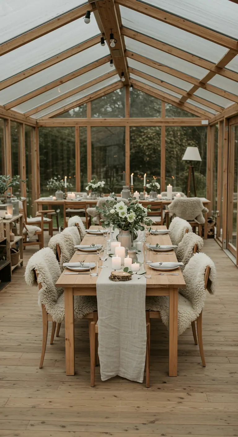 Scandinavische tafelsetting in kas met licht hout en schapenvachtjes.