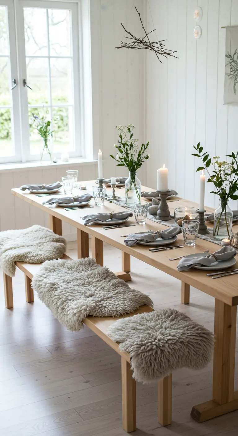 Scandinavisch gestylde ontbijttafel met houten banken, schapenvachtjes en minimalistische decoratie.