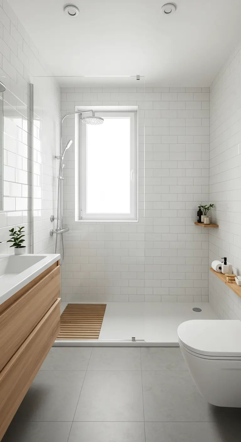 Witte badkamer met inloopdouche, houten vlonder en raam in douche.