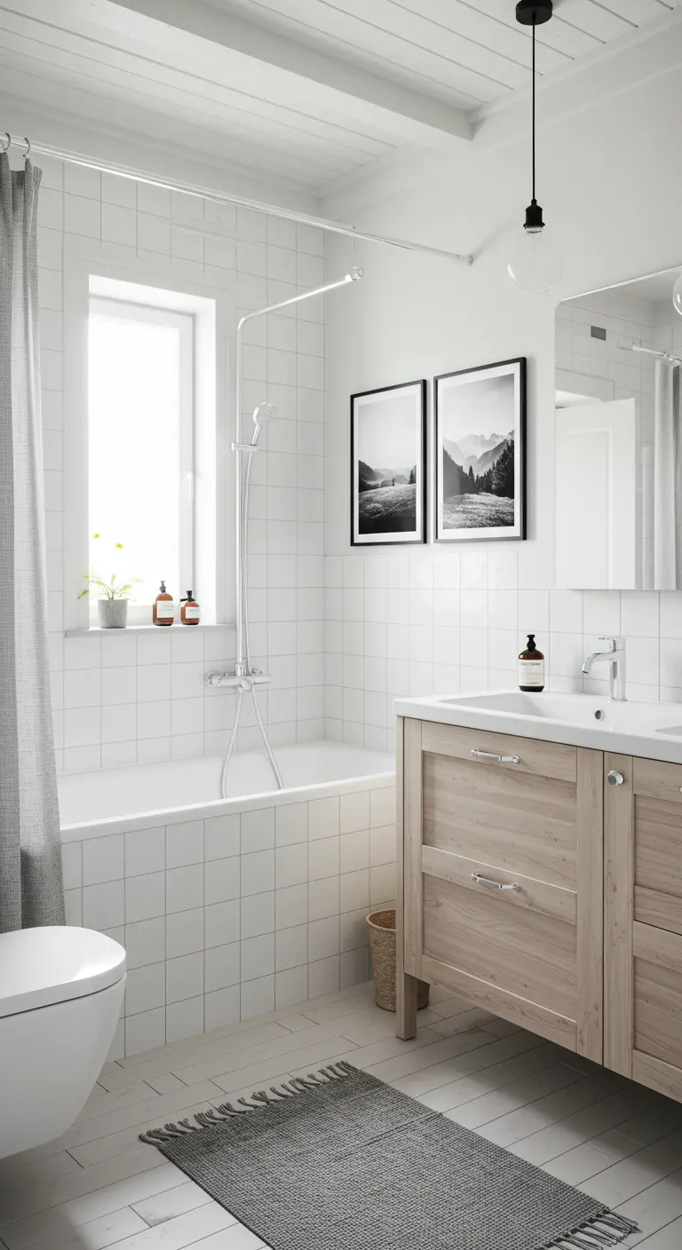 Lichte Scandinavische badkamer met twee ingelijste zwart-wit landschapsfoto's boven het bad.