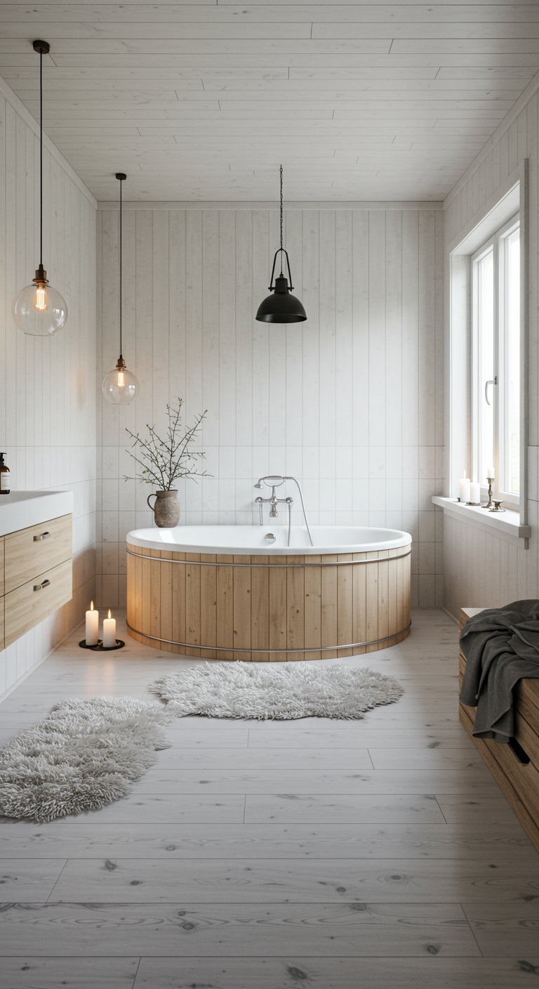 Rond houten bad in een lichte Scandinavische badkamer met schapenvachtjes en kaarsen.