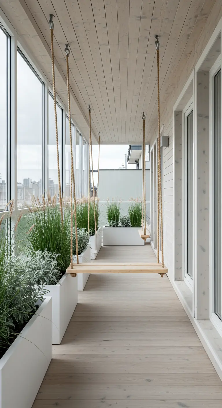 Lange houten schommelbank op smalle veranda met witte plantenbakken en grassen.