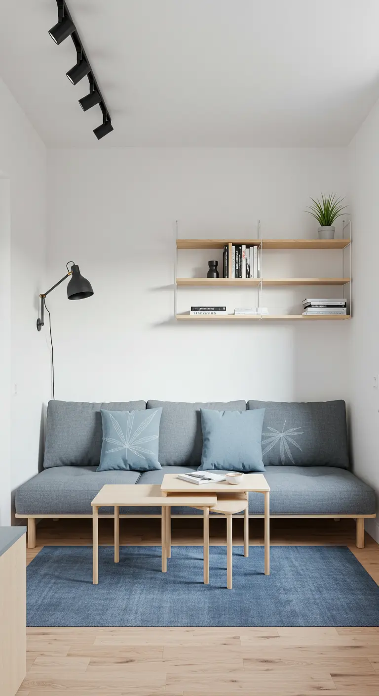 Scandinavische woonkamer met grijze bank en kussens met witte bladprint.