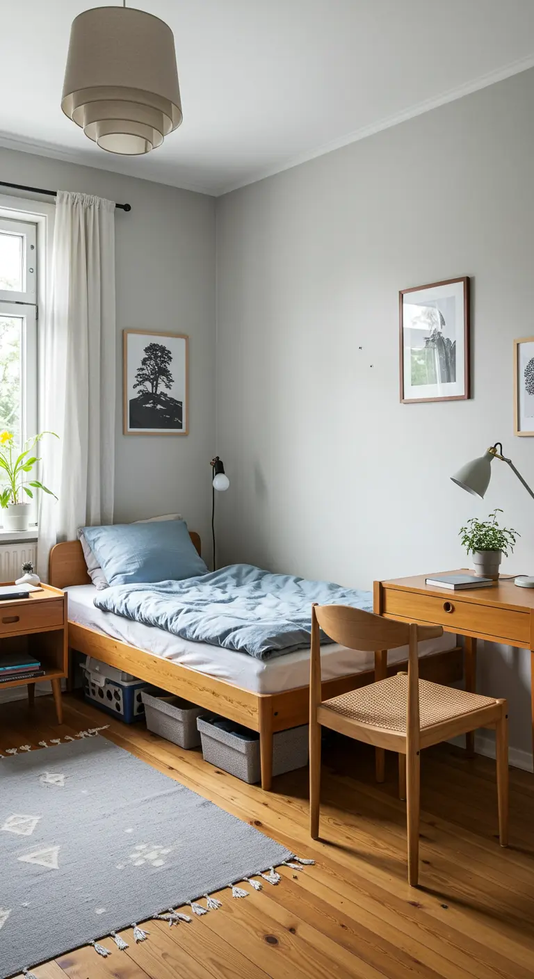 Eenvoudige slaapkamer met lichte houten meubels, grijsblauw kleed en functionele inrichting.