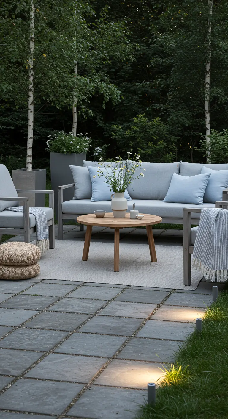 Grijze loungeset op betegeld terras met berkenbomen en subtiele grondspots.