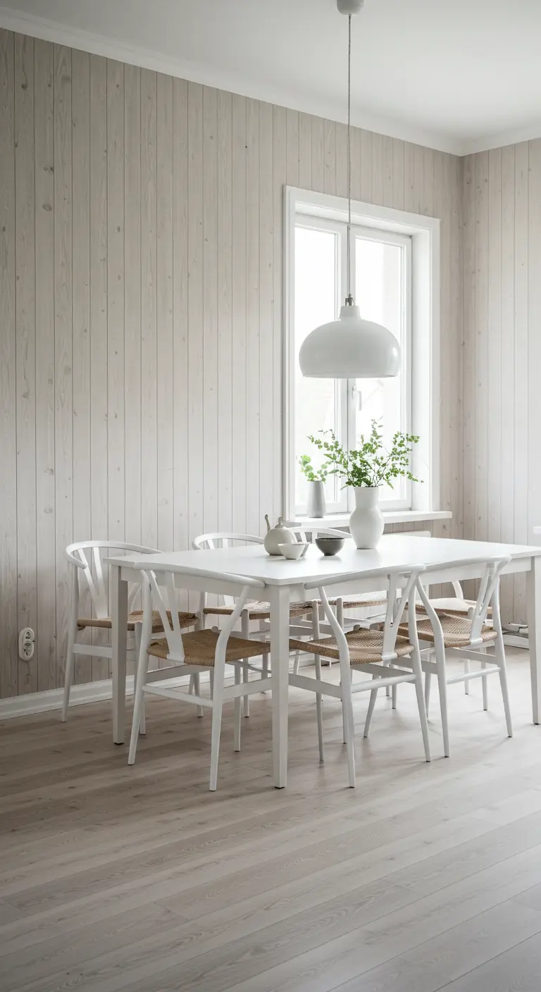 Lichte Scandinavische eetkamer met witte houten wandpanelen en witte meubels.