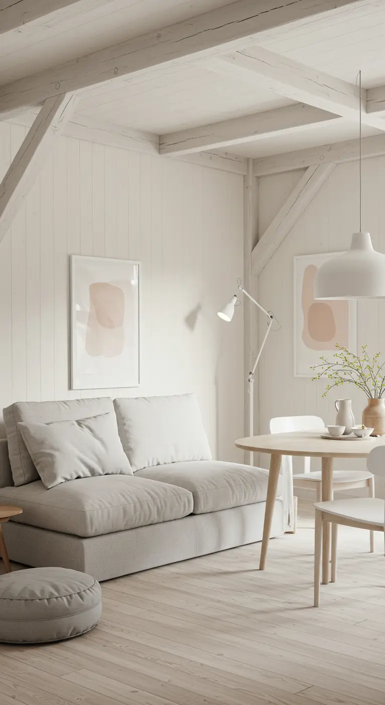 Lichte Scandinavische zithoek met een bank en ronde eettafel in een witte ruimte.