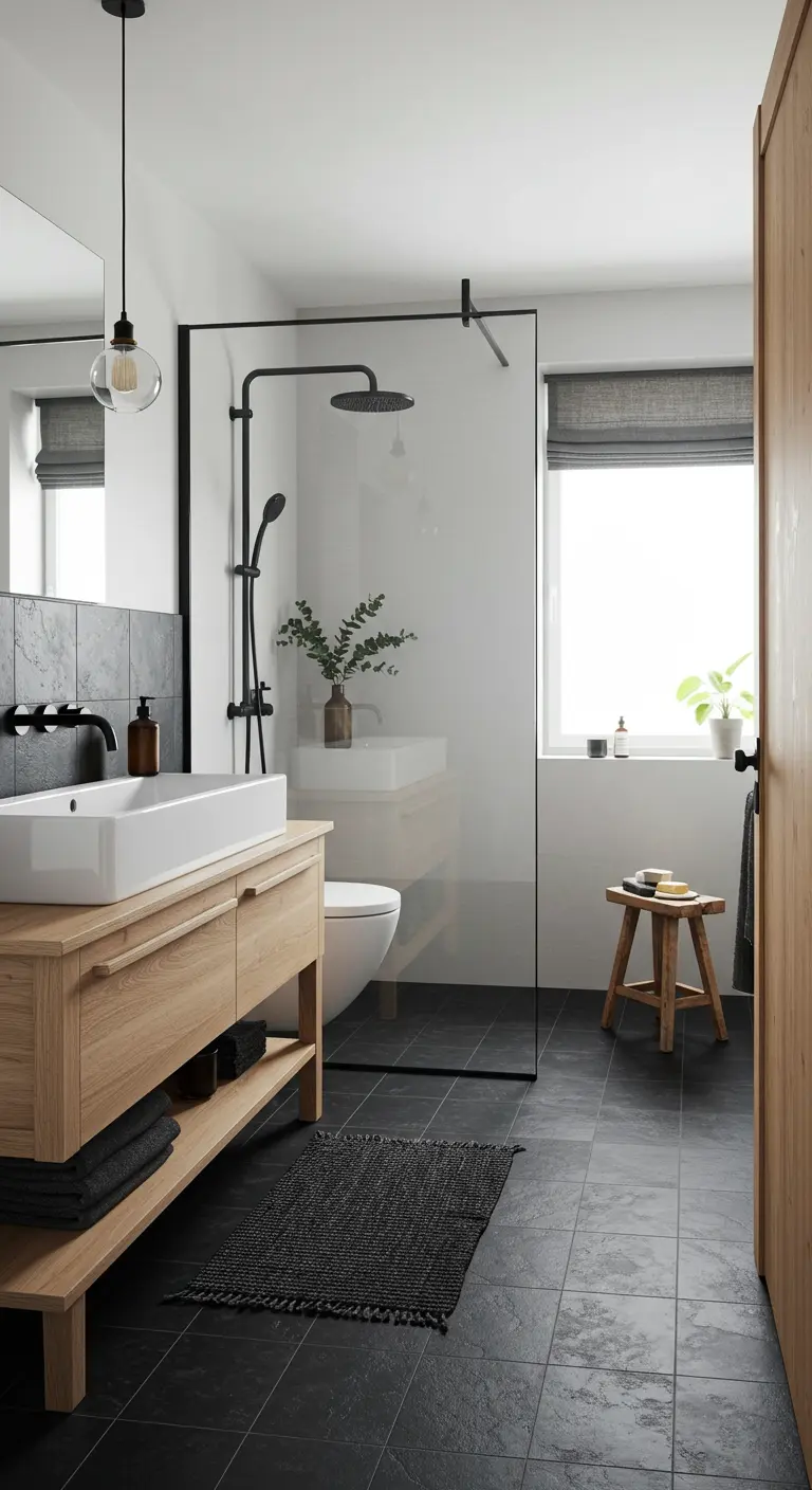 Moderne badkamer met licht houten meubel, zwarte accenten en donkere vloer.