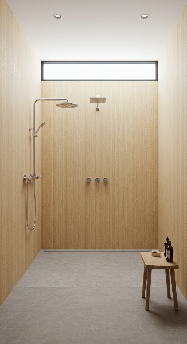 Minimalistische doucheruimte met wanden van lichte houten panelen en een betonnen vloer.
