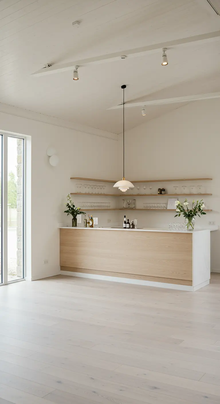 Minimalistische houten bar in een lichte, witte ruimte met subtiele decoratie.