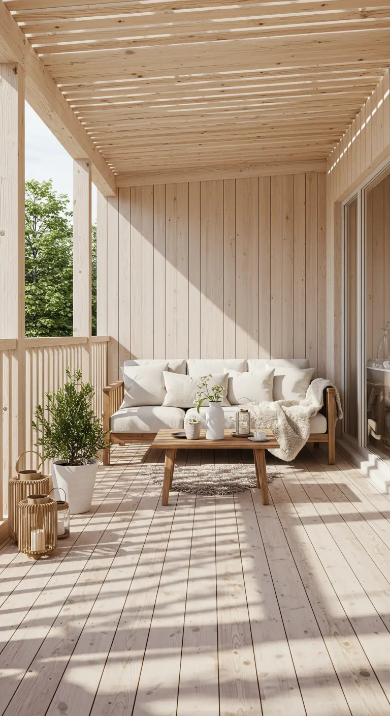 Licht houten overkapping en wand op balkon, met lichte bank en natuurlijke decoratie.