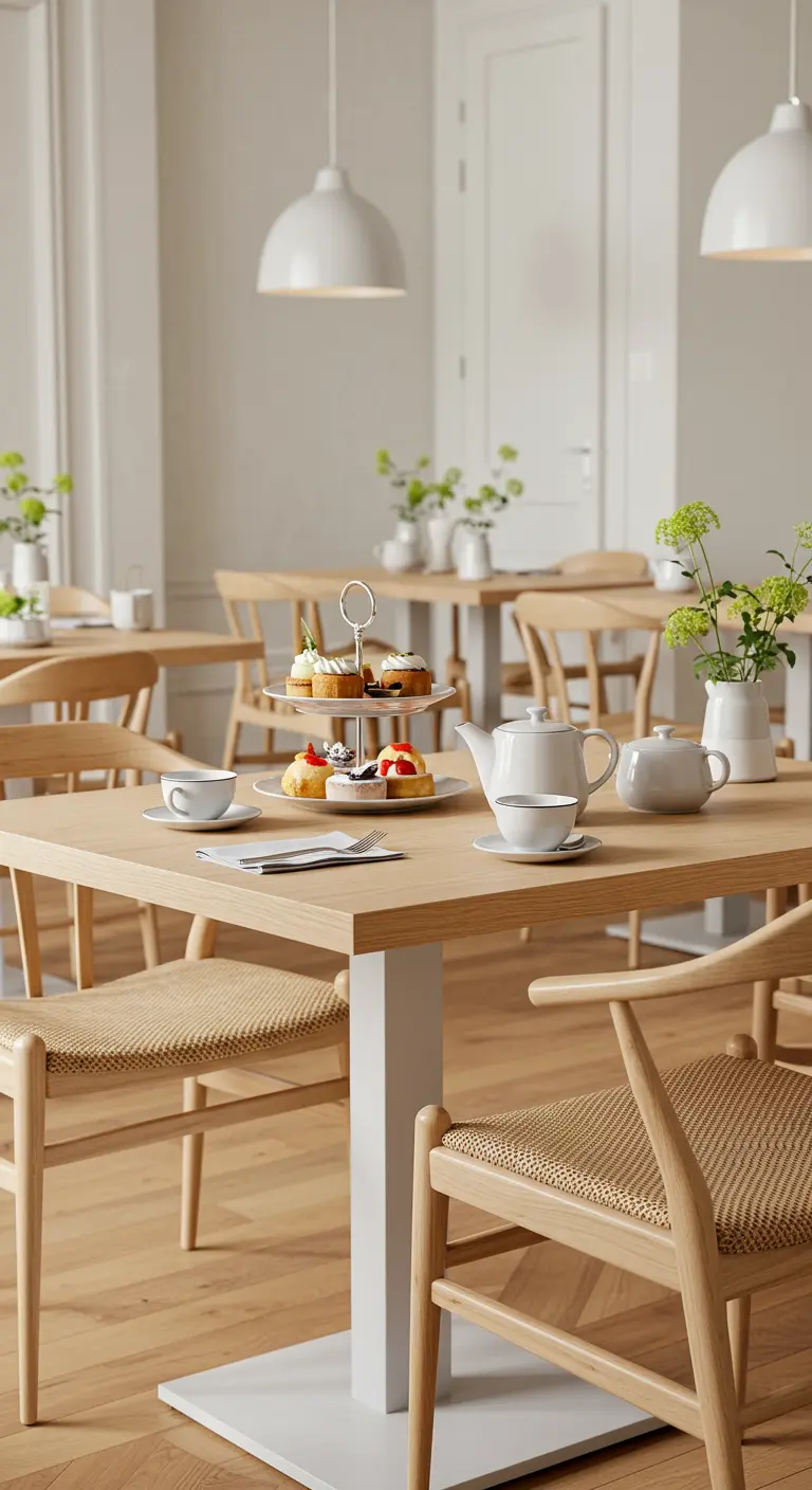 Scandinavische high tea setting met licht houten meubels, wit servies en groene plantjes.