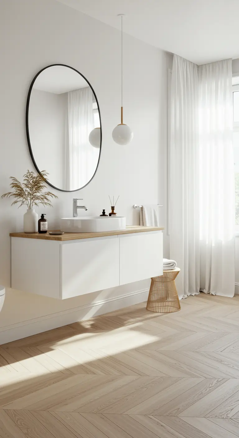 Minimalistische witte badkamer met houten visgraatvloer, zwevend meubel en ovale spiegel.