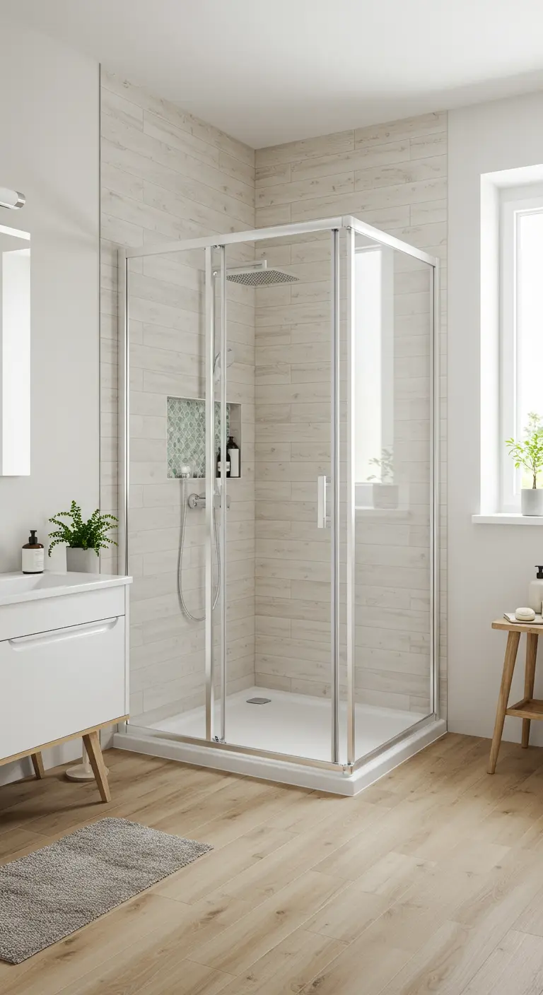 Lichte badkamer met hoekdouchecabine, houtlook tegels en wit meubel.