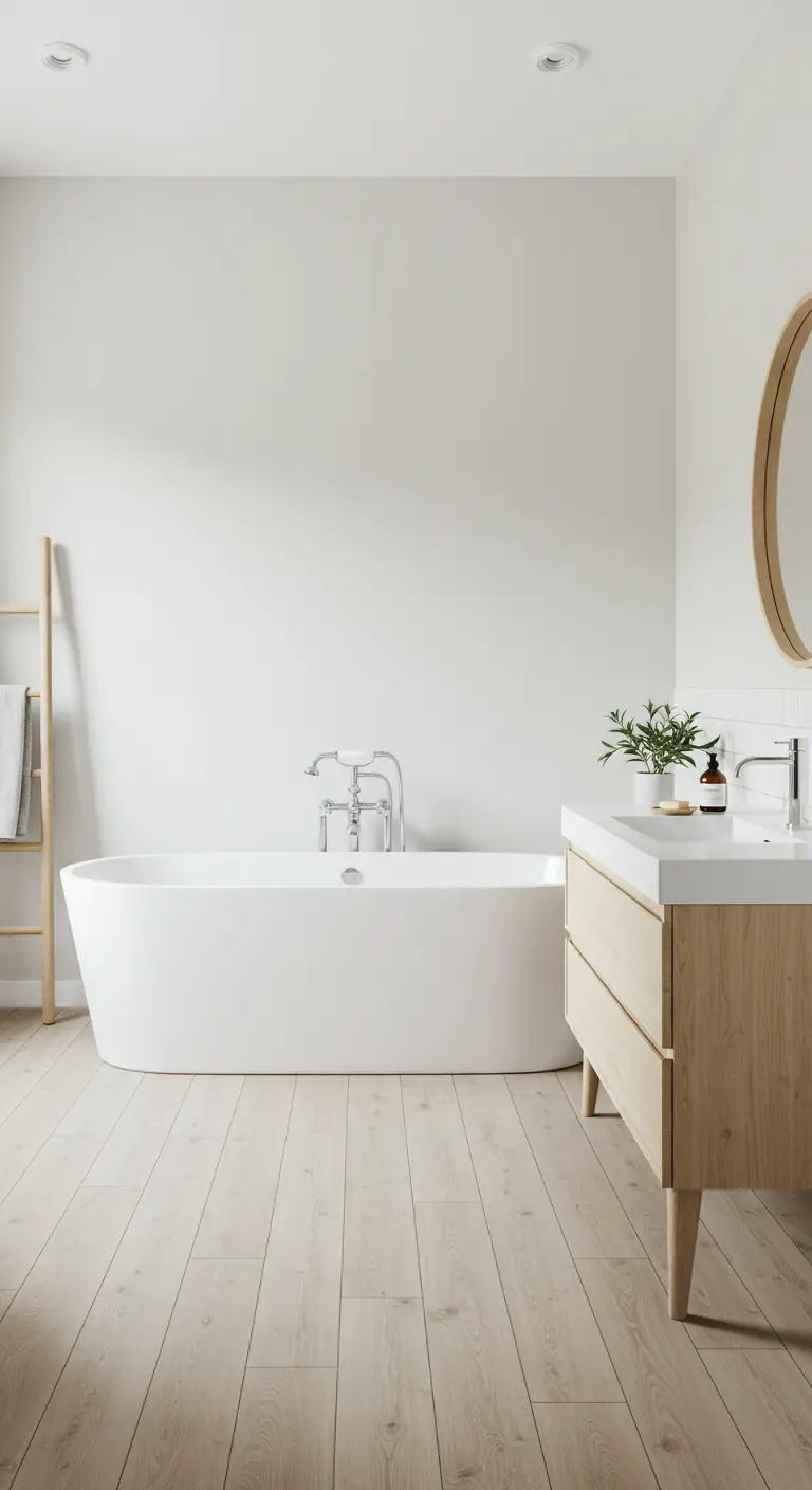 Minimalistische witte badkamer met lichte houten vloer, vrijstaand bad en houten meubel.