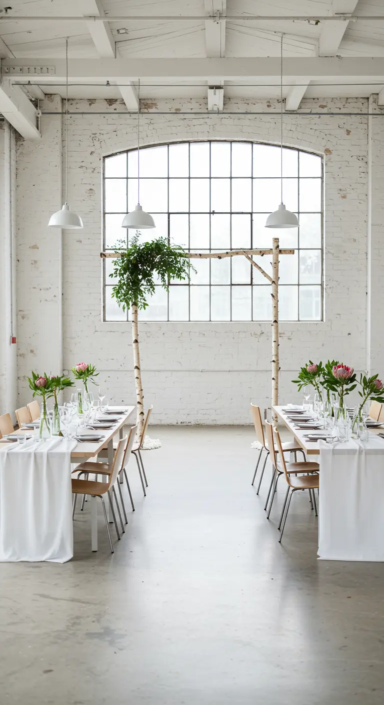 Minimalistische trouwsetting met berkenhouten boog, witte tafels en groene accenten.