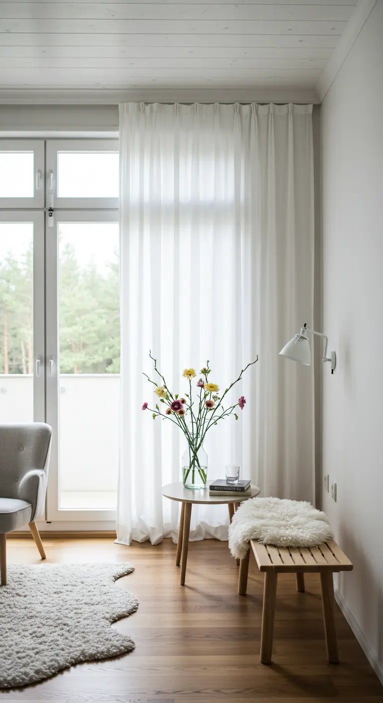 Lichte kamer met minimalistische bloemen, houten meubels en veel natuurlijk licht.