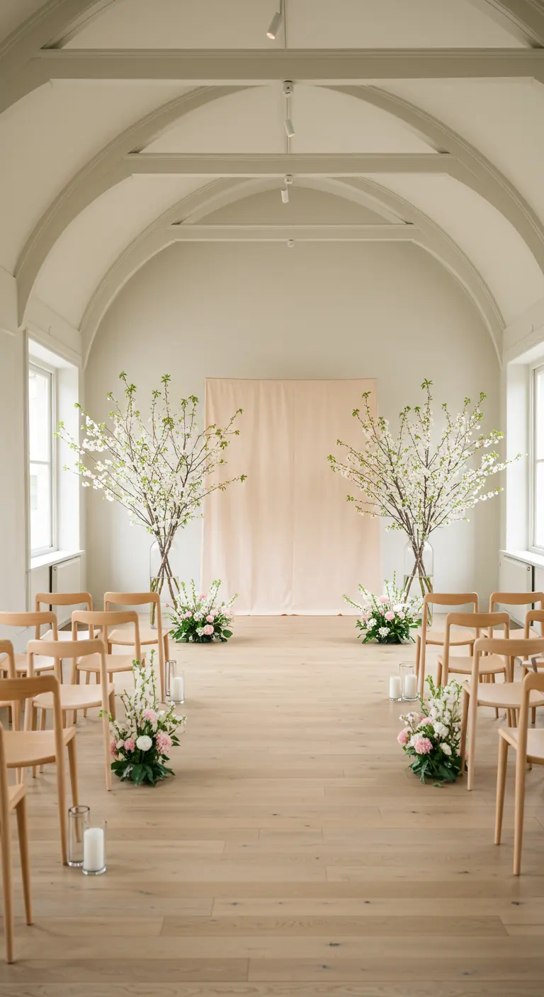 Minimalistische ceremonie met perzik backdrop, bloesemtakken en houten stoelen.