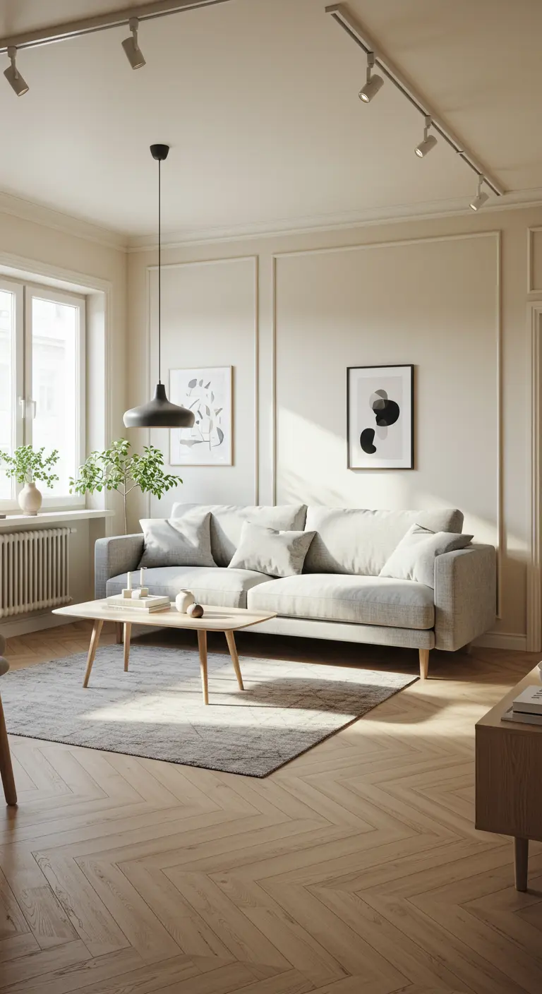 Lichte Scandinavische woonkamer met beige muren, visgraatvloer en moderne hanglamp.