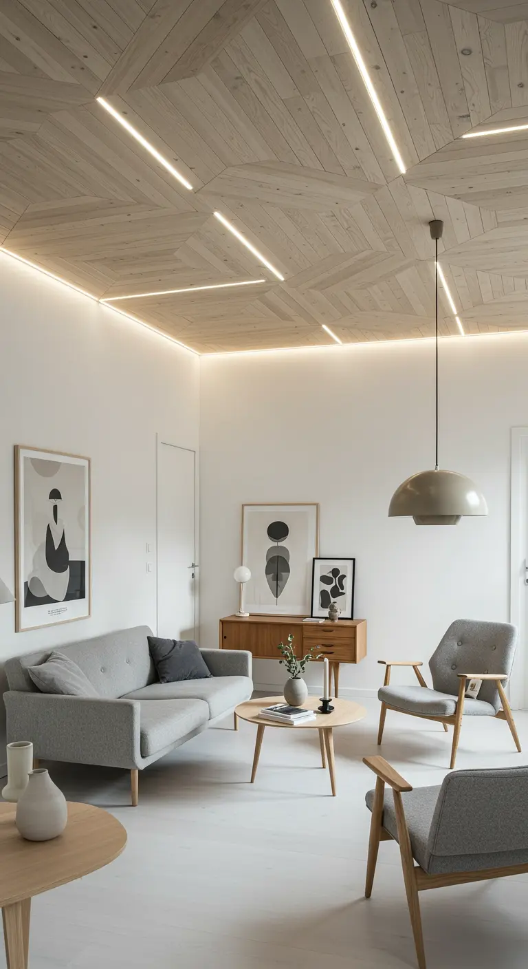 Modern Scandinavisch interieur met licht houten lattenplafond en geïntegreerde LED-verlichting.