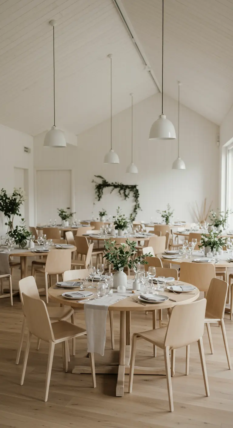 Lichte, minimalistische bruiloftssetting met ronde houten tafels en witte hanglampen.