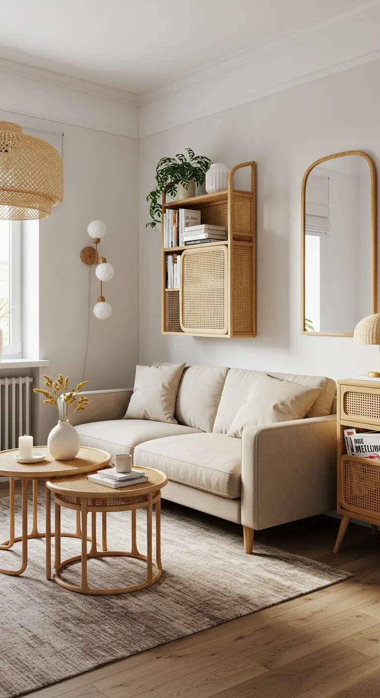 Lichte Scandinavische woonkamer met rotan wandrek, rotan bijzettafels en beige bank.