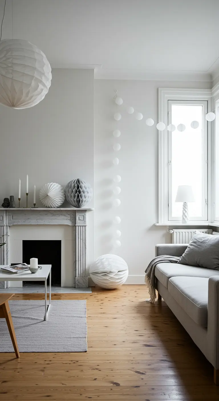 Minimalistische witte woonkamer met papieren lampionnen en honeycombs als decoratie.