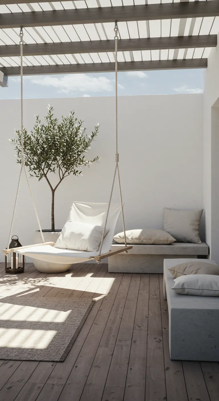 Witte canvas hangstoel op minimalistisch terras met houten vloer, olijfboom en betonnen bank.