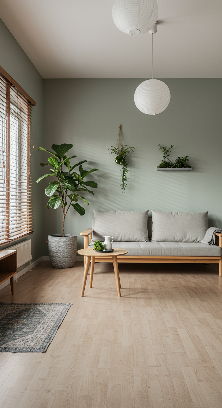 Scandinavische woonkamer met saliegroene muur, grijze bank en houten details.