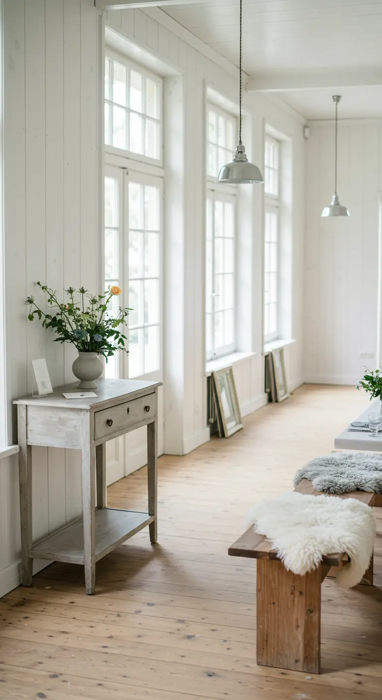 Oud wit houten haltafeltje met vaas bloemen in een minimalistische witte ruimte.