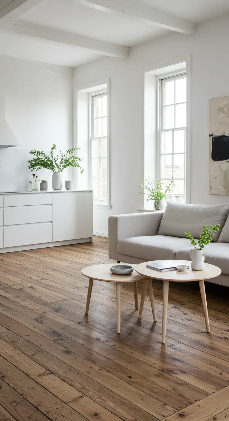 Lichte Scandinavische woonkamer met witte muren, houten vloer en grijze bank.