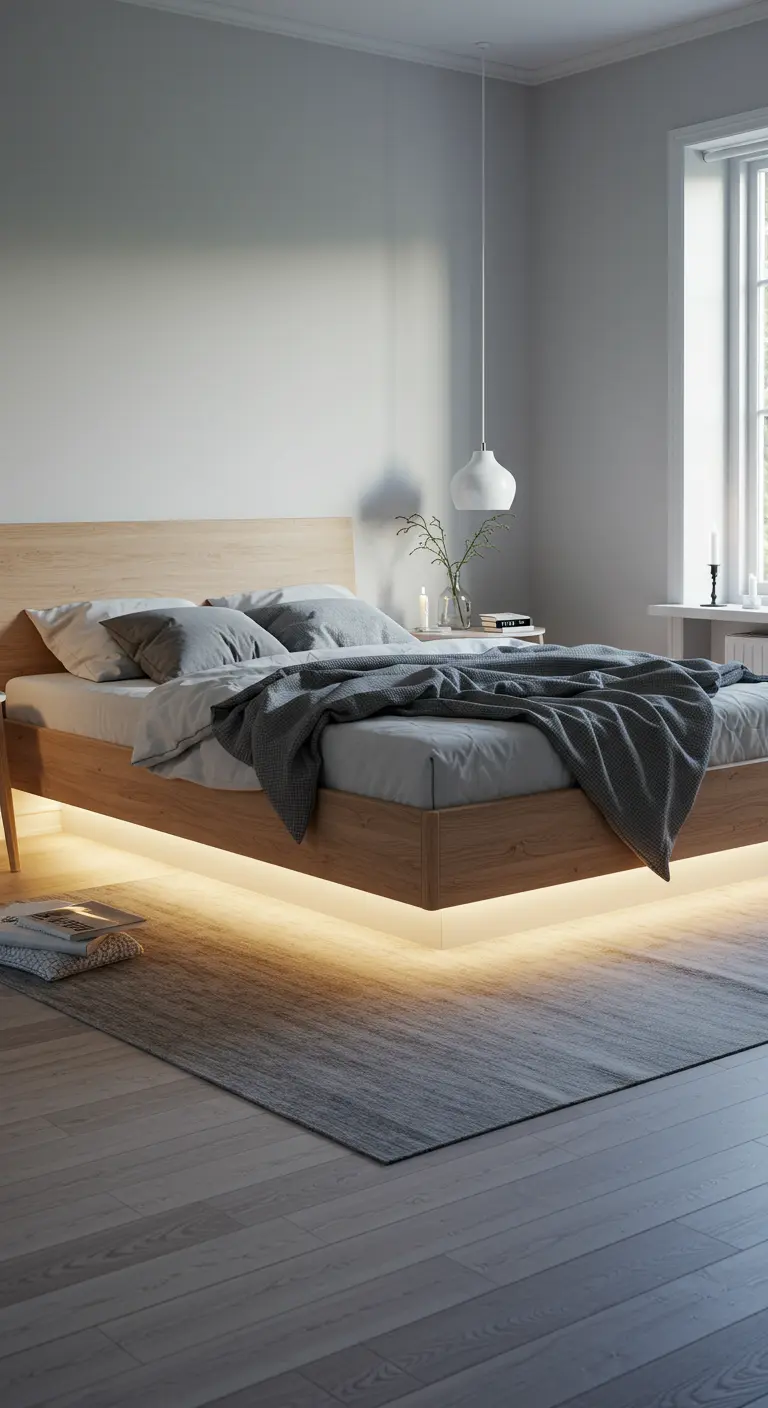 Scandinavisch houten bed met zachte, warme LED-verlichting eronder en een grijs vloerkleed.