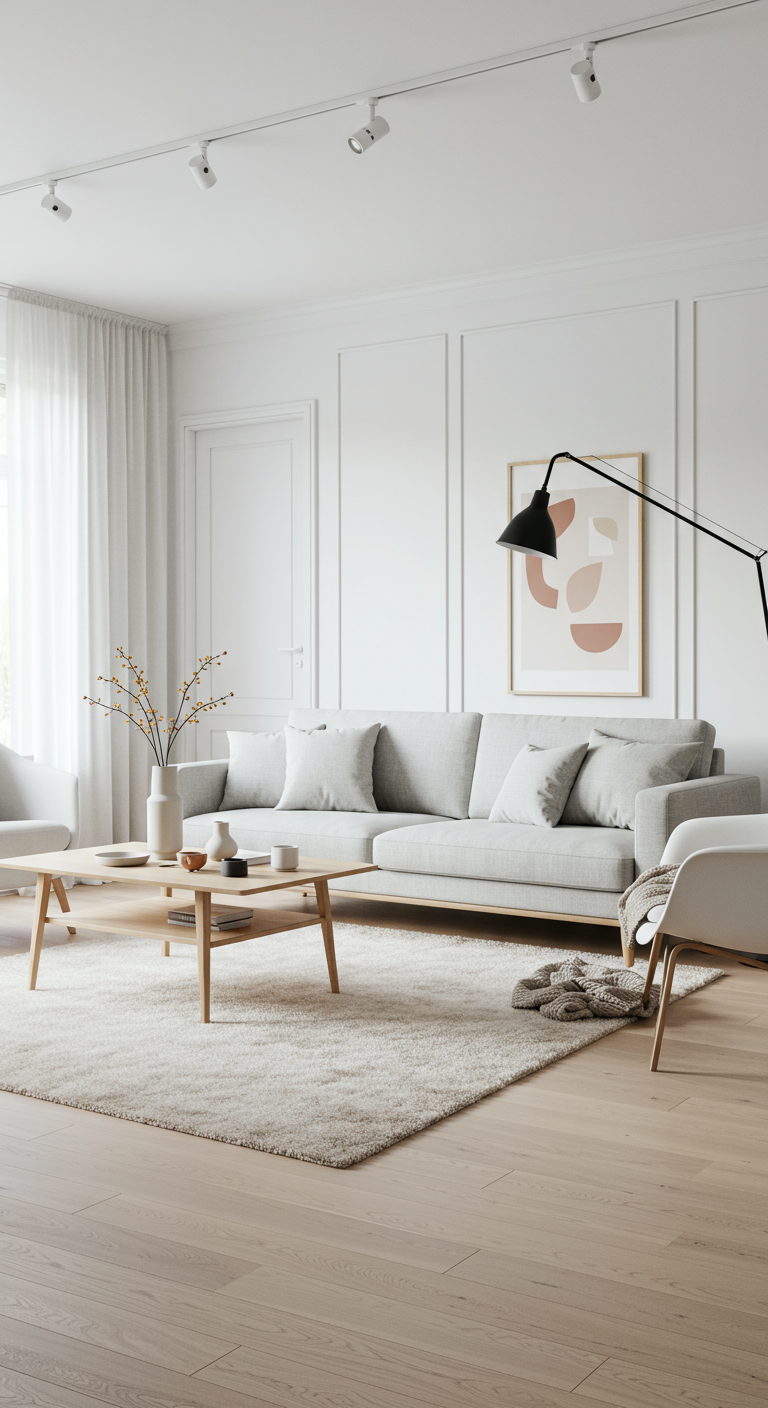 Lichte Scandinavische woonkamer met een zacht, crèmekleurig hoogpolig vloerkleed.