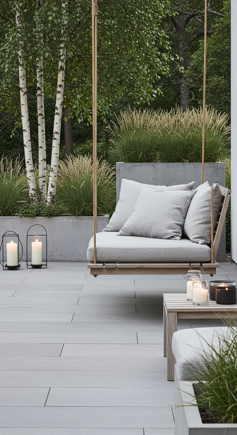 Moderne houten schommelbank met grijze kussens op een strak terras met lantaarns en grassen.