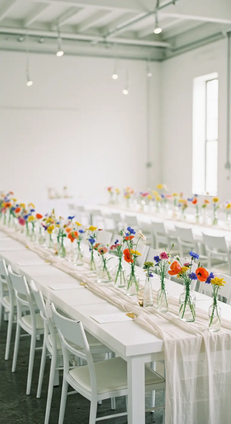 Witte tafel met lichte crinkle loper en losse, kleurrijke bloemen in kleine vaasjes.