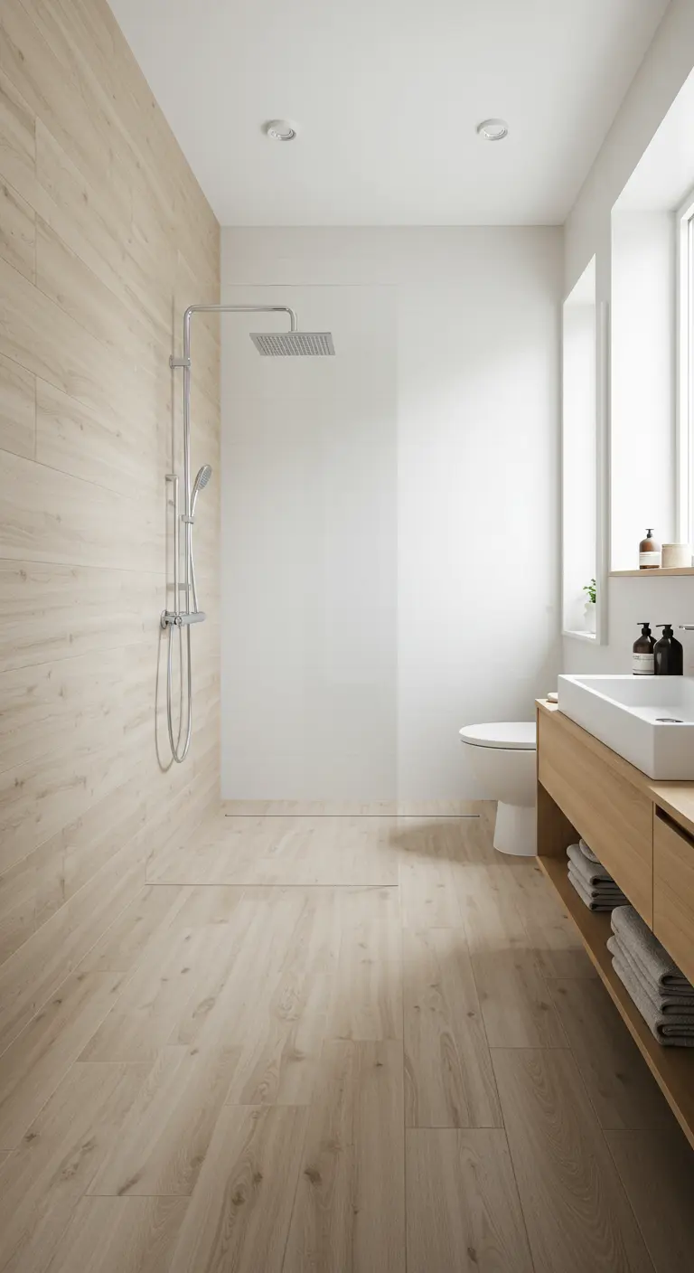 Lichte badkamer met houtlook tegels op vloer en wand, witte muren en glazen douchewand.