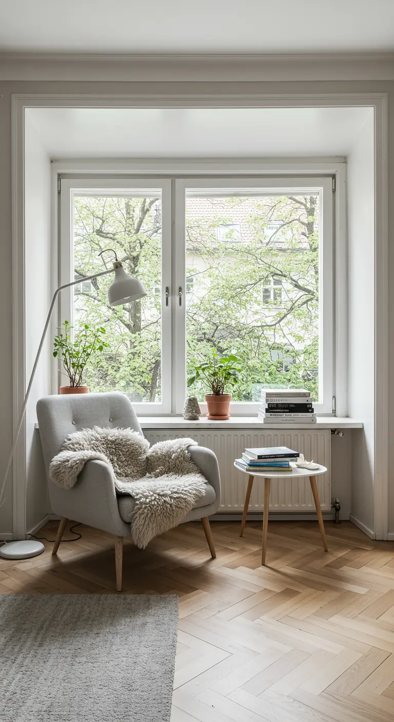 Lichte Scandinavische fauteuil met schapenvachtje bij raam, staande lamp en planten.