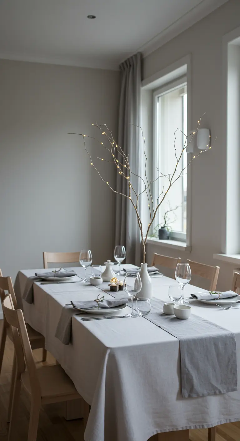 Minimalistisch gedekte eettafel met takken met lichtjes in een witte vaas.