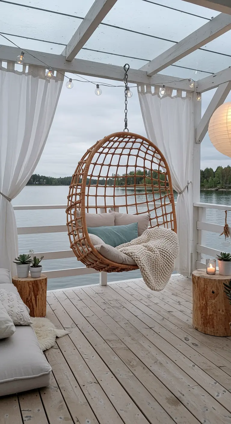 Scandinavische rotan hangstoel met neutrale kussens onder een witte houten overkapping met transparante gordijnen, uitkijkend over een meer.